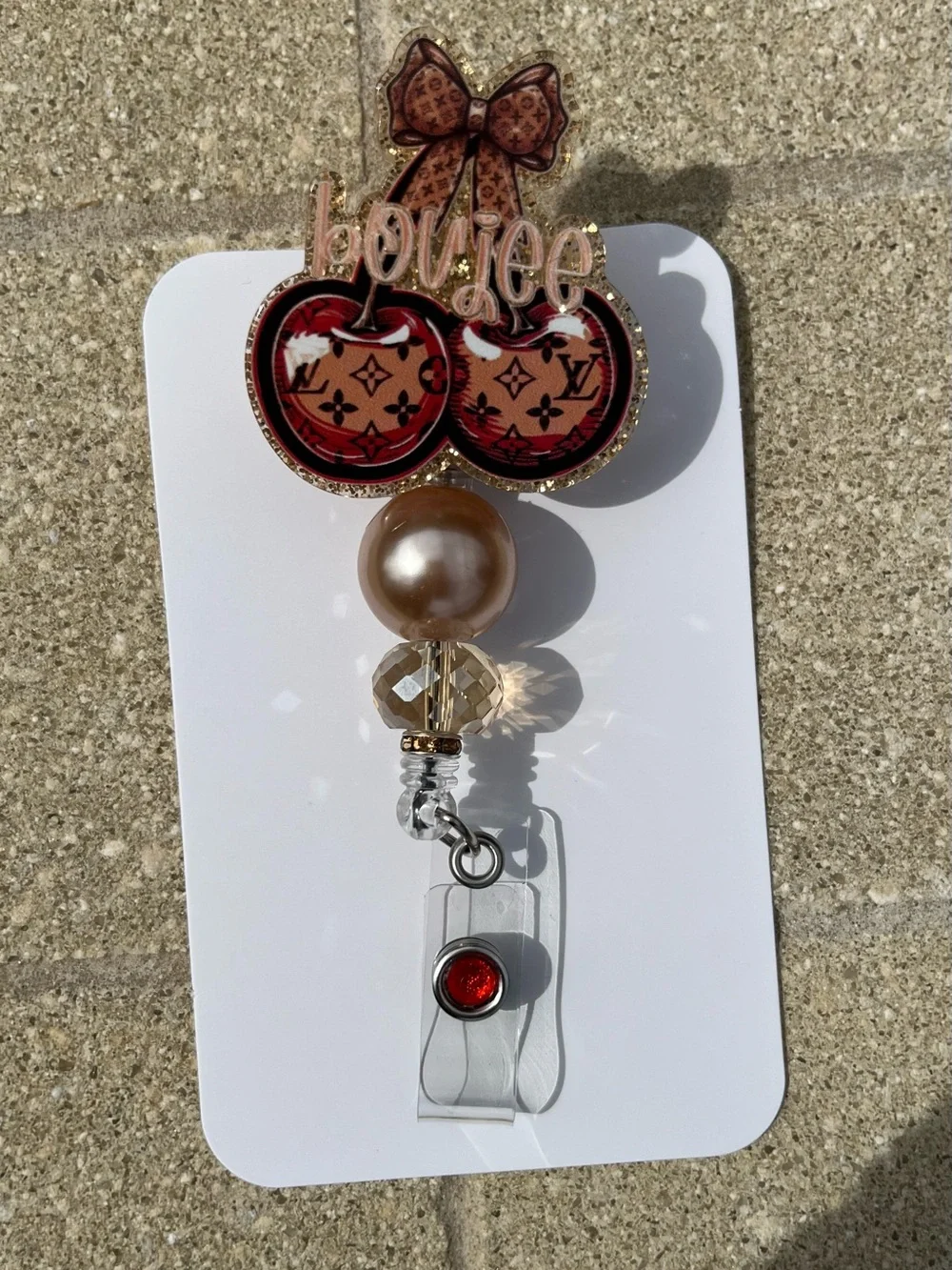 Hand Crafted Inspired Boujee Cherry Badge Reel with Pearl and Crystal Accent